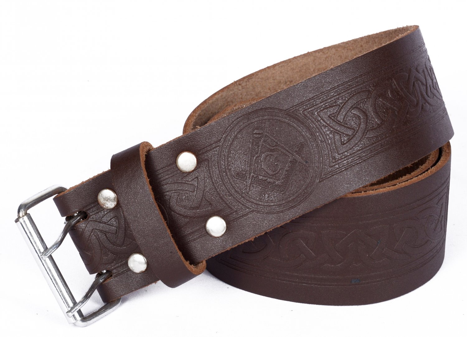 Leather Brown KILT BELT Masonic Design Celtic Embossed Belt Double Prong Belt Size 36