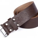 Leather Brown KILT BELT Medieval Knot Design Celtic Embossed Belt Double Prong Belt Size 30