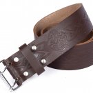 Leather Brown KILT BELT Medieval Knot Design Celtic Embossed Belt Double Prong Belt Size 48