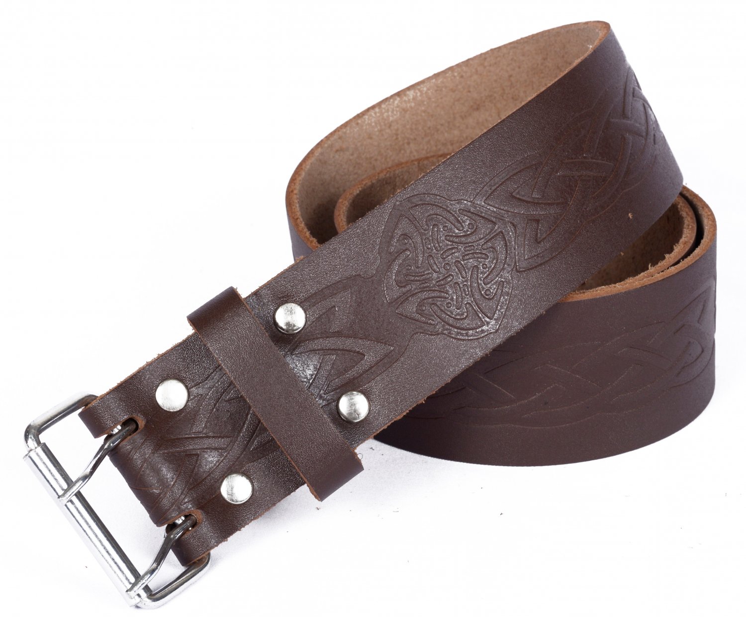 Leather Brown KILT BELT Medieval Knot Design Celtic Embossed Belt Double Prong Belt Size 52