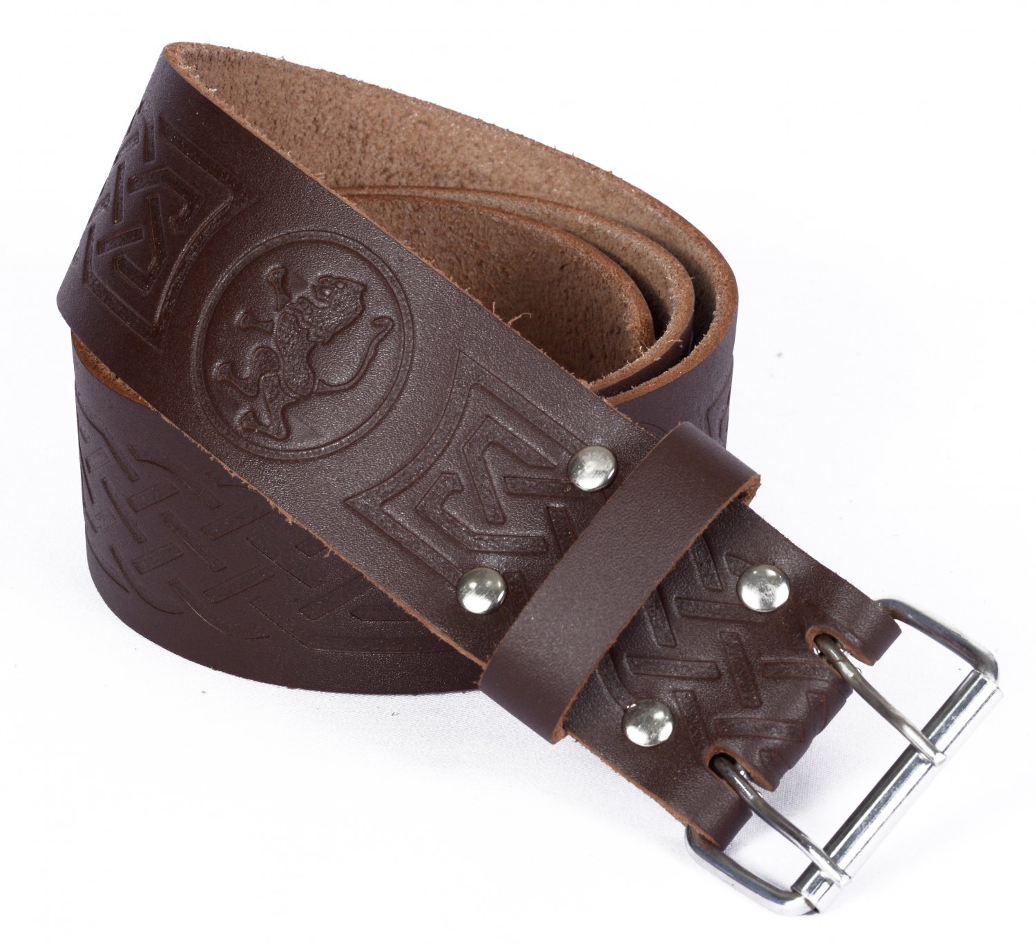 Leather Brown KILT BELT Rampant Loin Design Celtic Embossed Belt Double Prong Belt Size 48