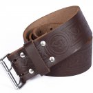 Leather Brown KILT BELT Celtic Knot Design Celtic Embossed Belt Double Prong Belt Size 38