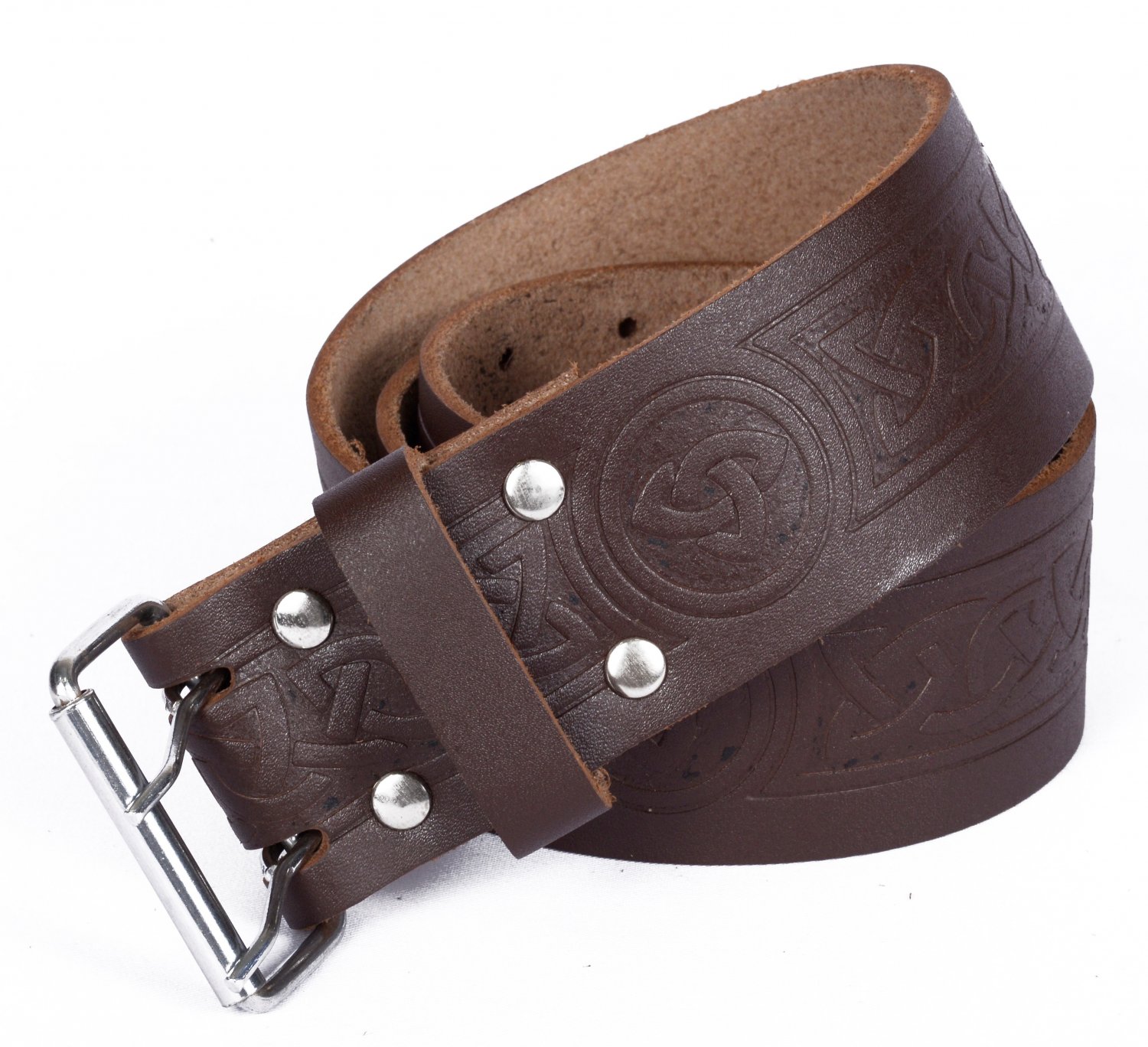 Leather Brown KILT BELT Celtic Knot Design Celtic Embossed Belt Double Prong Belt Size 46
