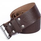 Leather Brown KILT BELT Celtic Knot Design Celtic Embossed Belt Double Prong Belt Size 50