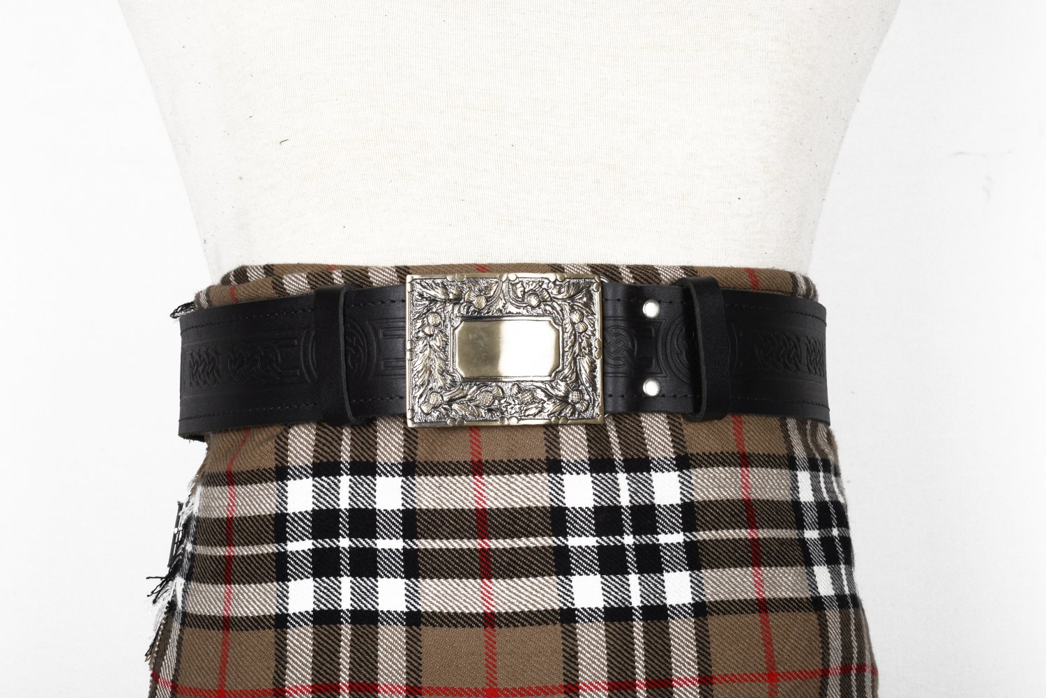 Traditional Scottish Leather Black Kilt Belt - Celtic Knot Embossing - Free Buckle Size 38