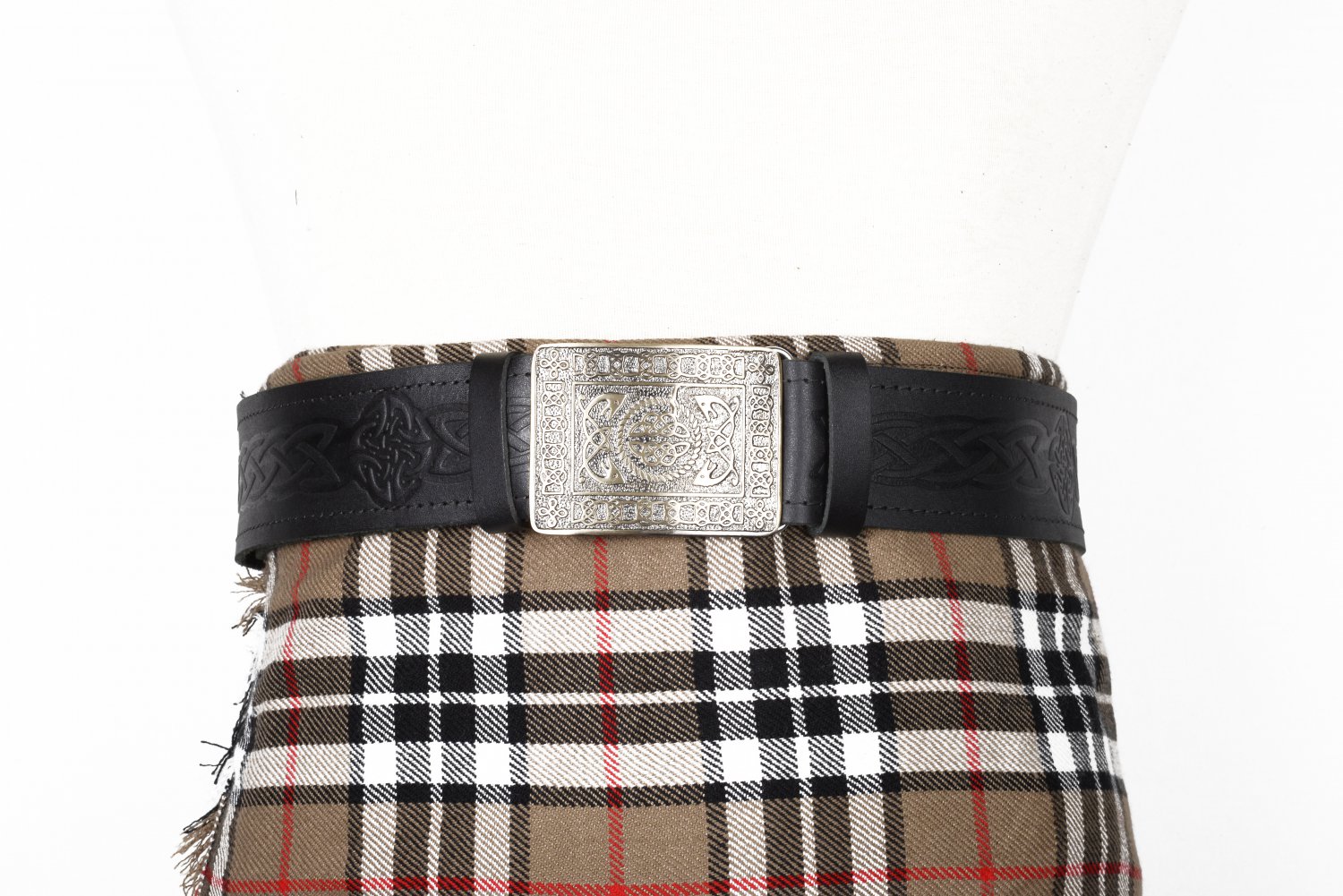 Traditional Scottish Leather Black Kilt Belt -Endless Celtic Knot Embossing - Free Buckle Size 32