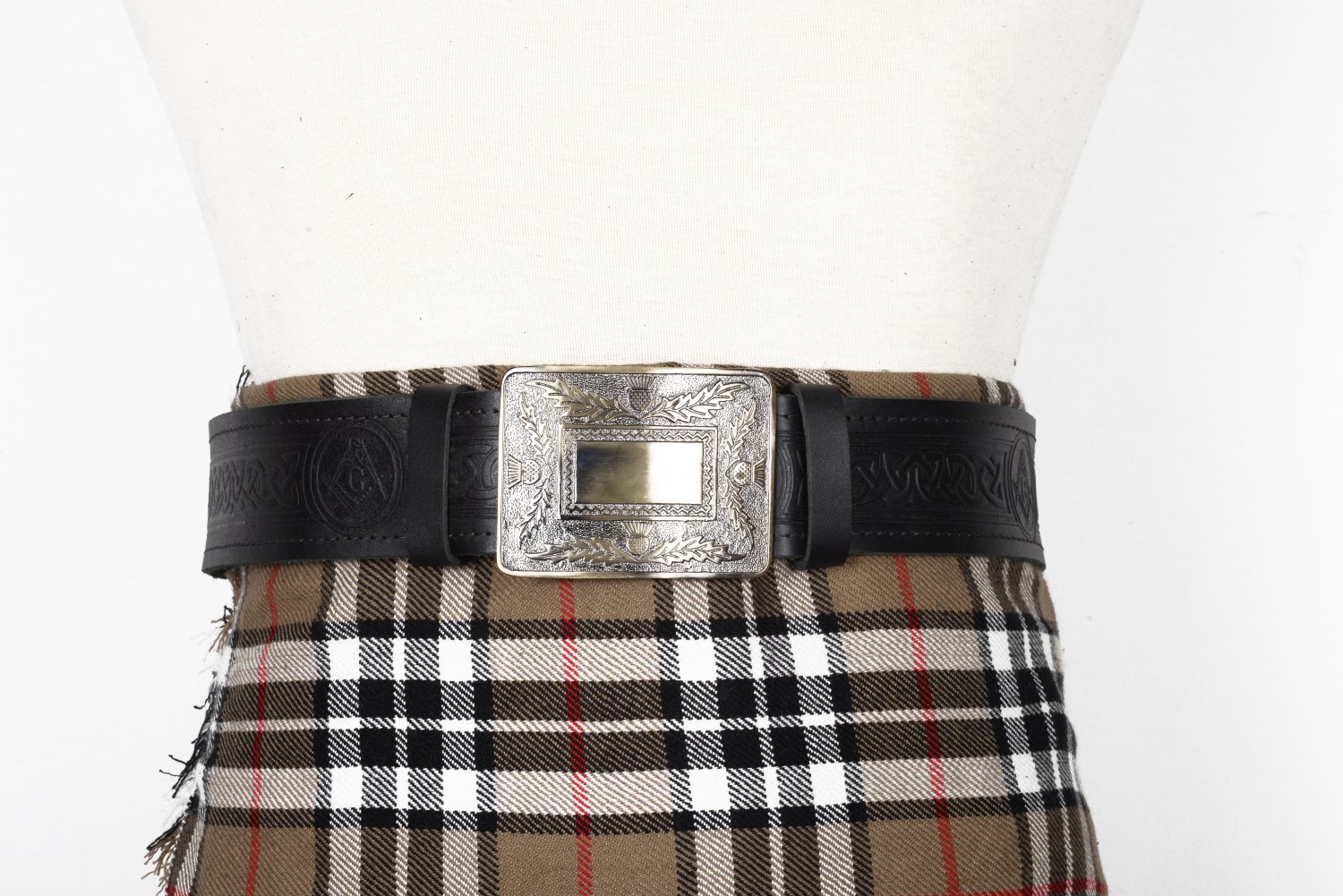 Traditional Scottish Leather Black Kilt Belt -Masonic Celtic Embossing - Free Buckle Size 52