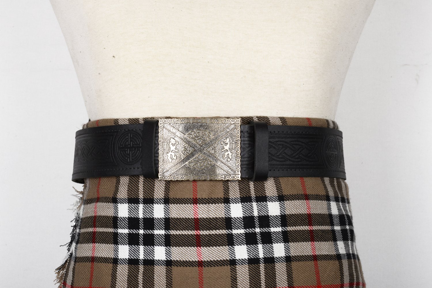 Traditional Scottish Leather Black Kilt Belt -Medieval Knot Celtic Embossing - Free Buckle Size 54