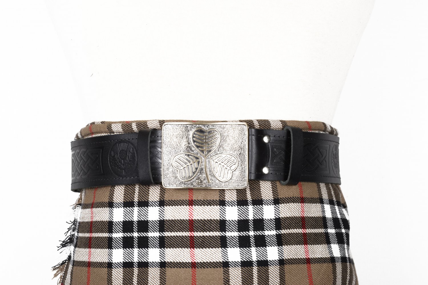 Traditional Scottish Leather Black Kilt Belt -Thistle Celtic Embossing - Free Buckle Size 44