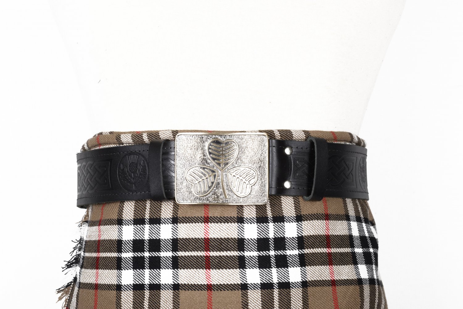 Traditional Scottish Leather Black Kilt Belt -Thistle Celtic Embossing - Free Buckle Size 50