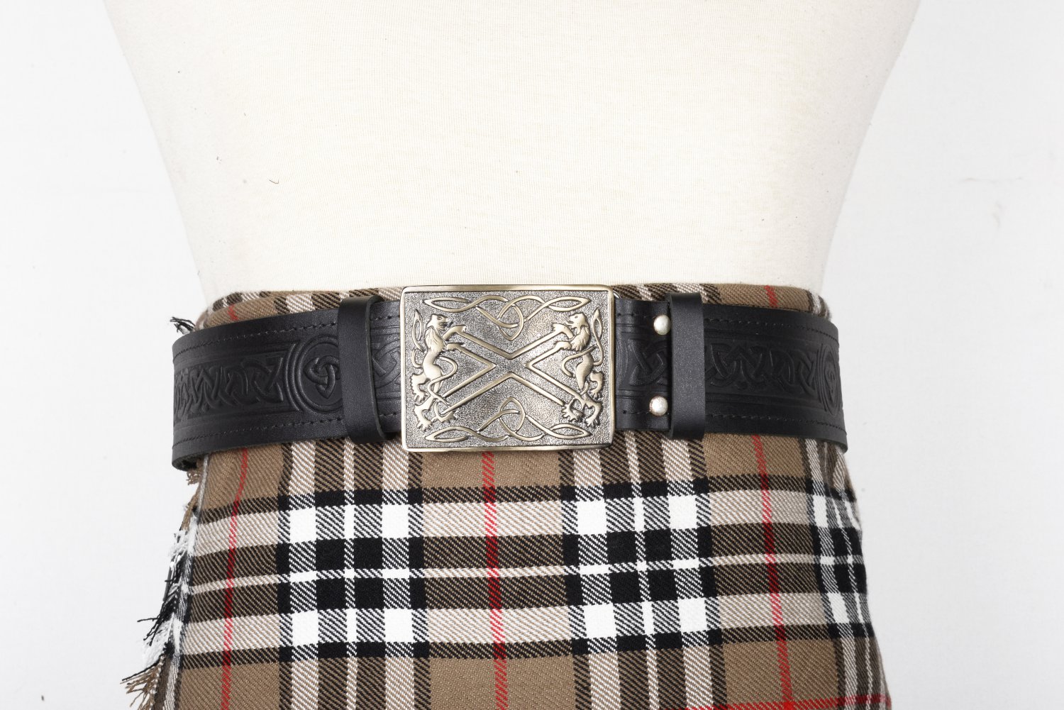 Traditional Scottish Leather Black Kilt Belt -Trinity Knot Celtic Embossing - Free Buckle Size 42