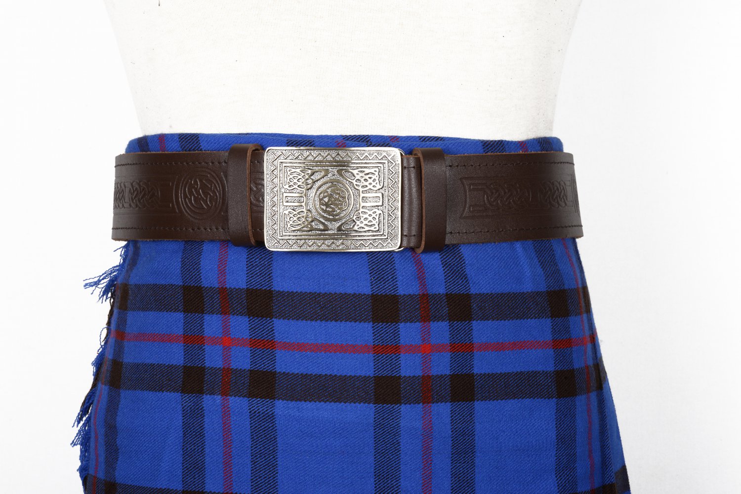 Traditional Scottish Leather Brown Kilt Belt -Celtic Knot Embossing - Free Buckle Size 52