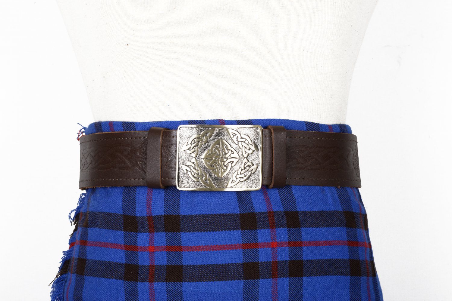 Traditional Scottish Leather Brown Kilt Belt -Endless Celtic Knot Embossing - Free Buckle Size 40