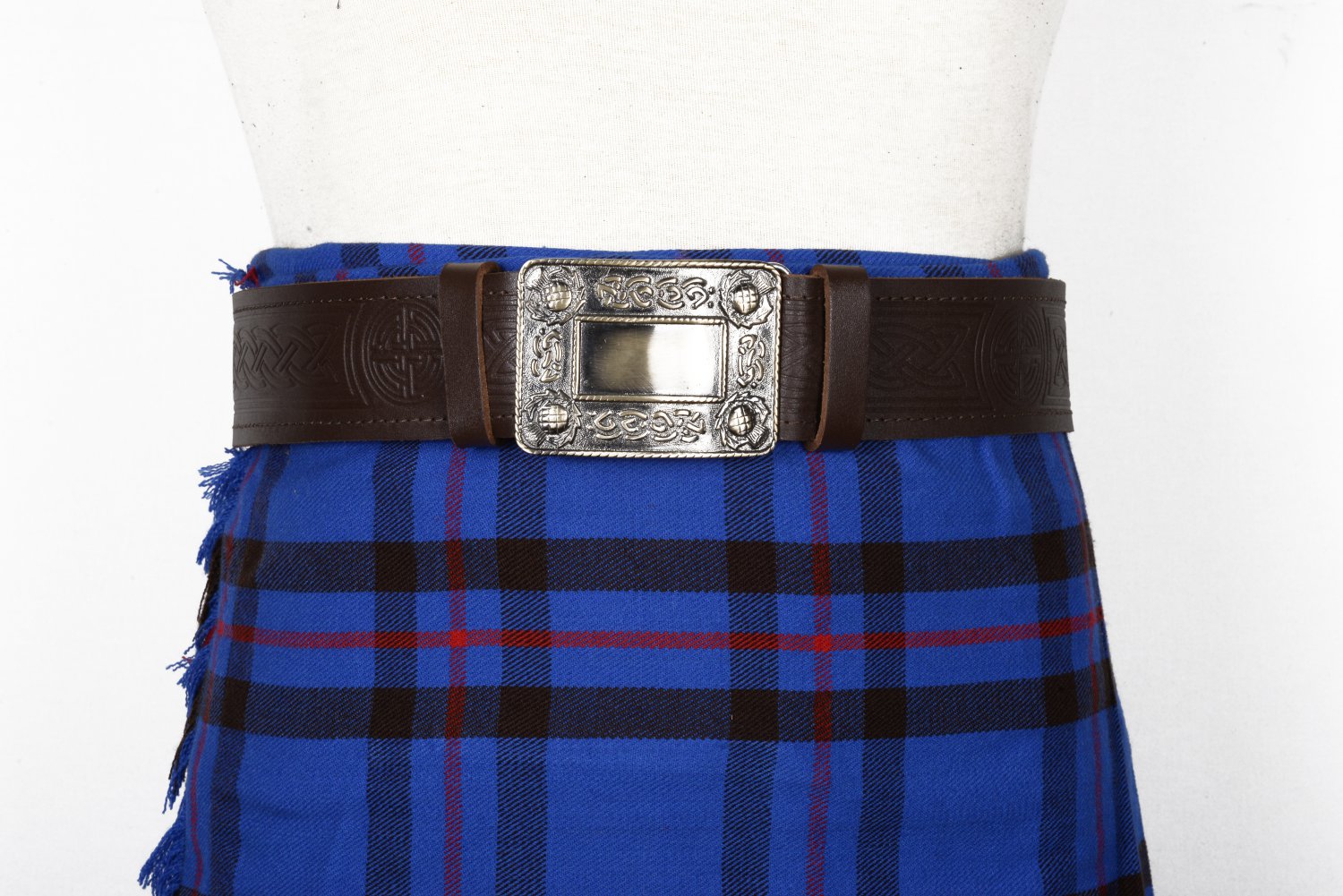 Traditional Scottish Leather Brown Kilt Belt -Medieval Celtic Embossing - Free Buckle Size 48