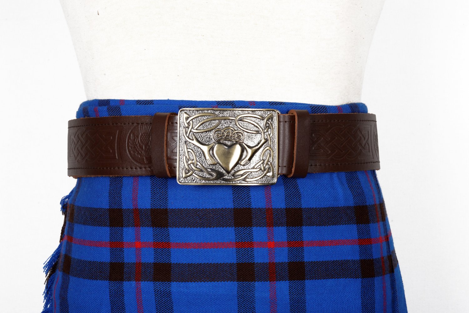Traditional Scottish Leather Brown Kilt Belt -Thistle Celtic Embossing - Free Buckle Size 54