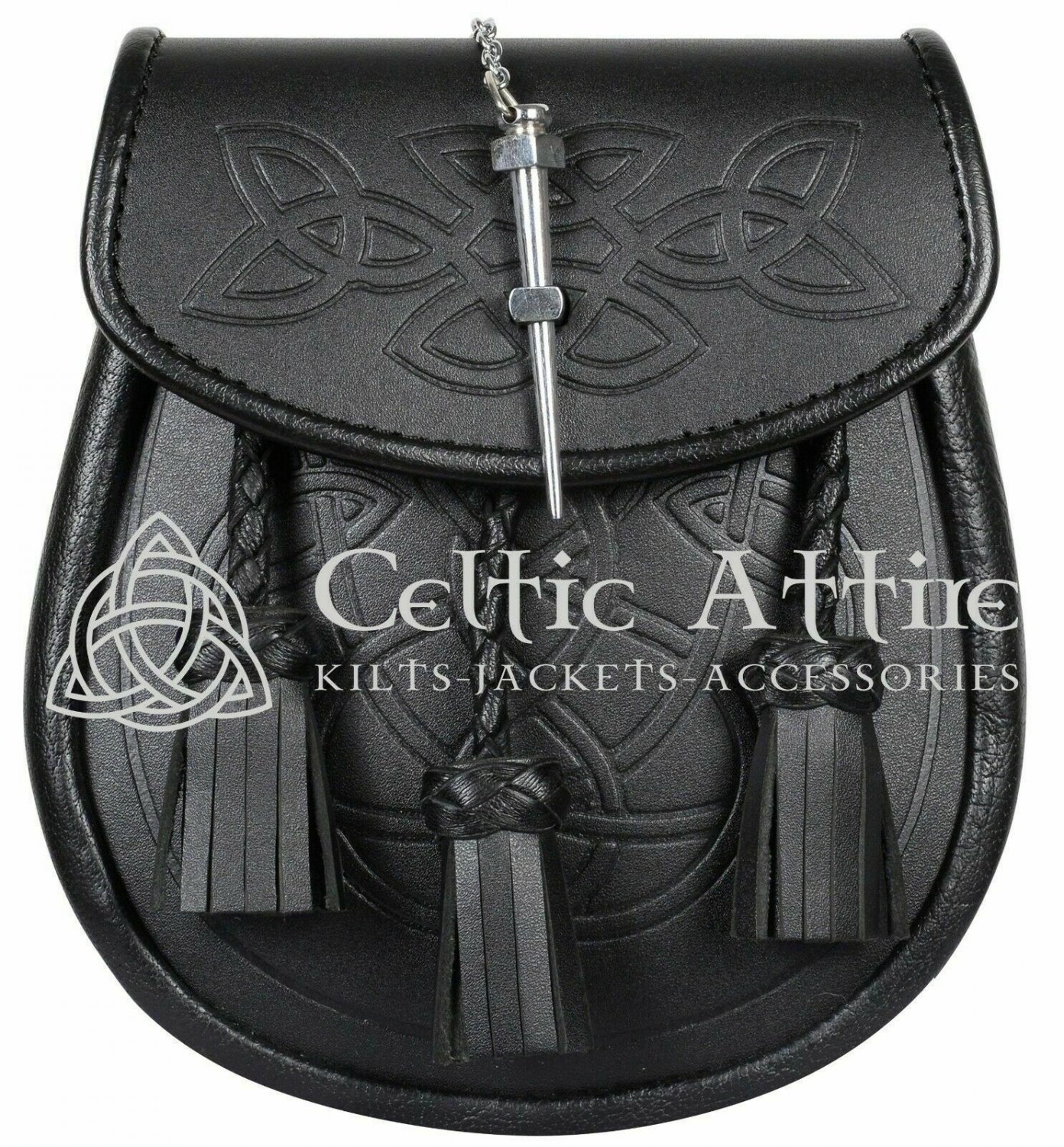 Premium Handmade - Black Leather Scottish Kilt DAY SPORRAN & Chain Belt