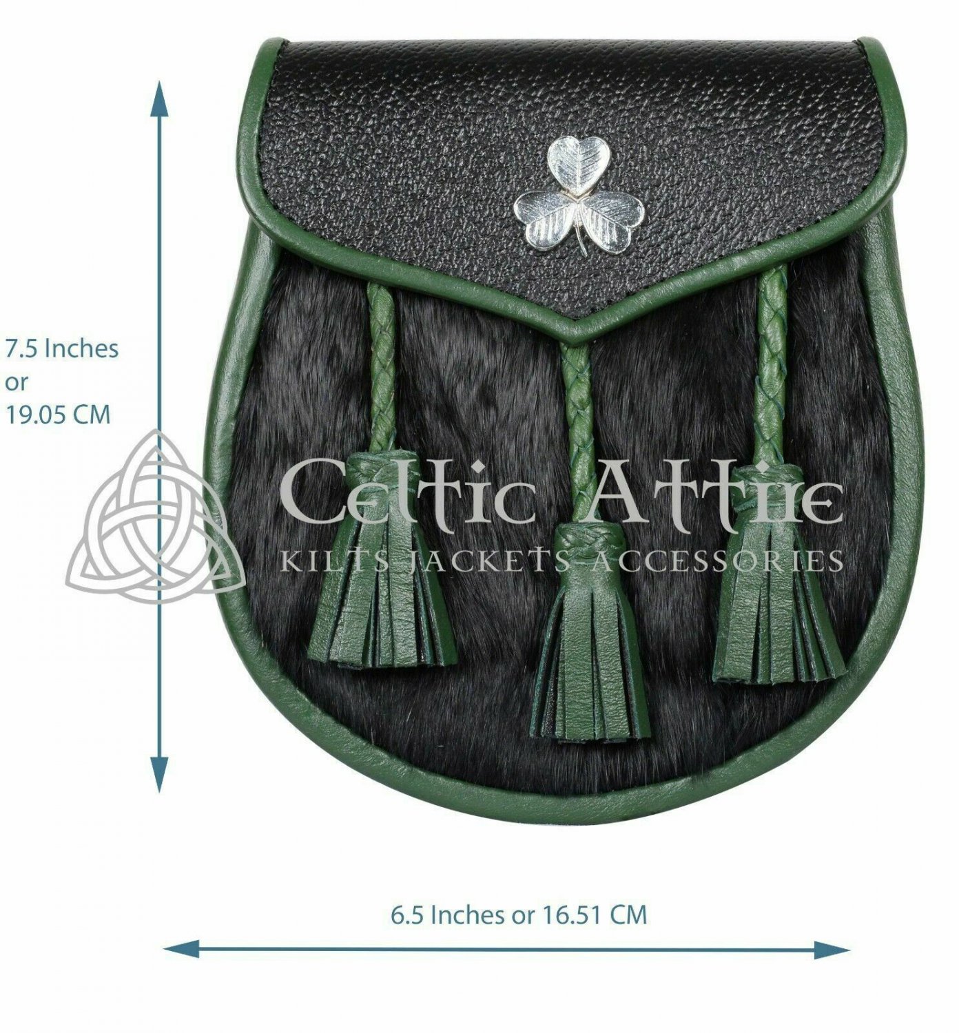 Scottish Clan Semi Dress Black and Tree Green Endings Leather Shamrock Sporran