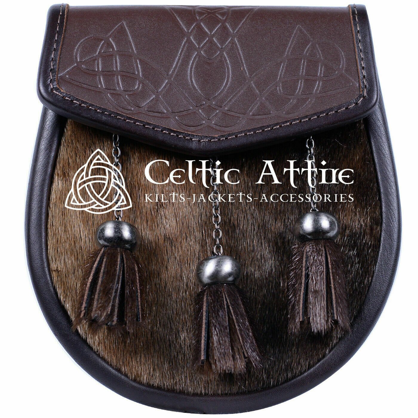 Scottish Kilt SPORRAN Semi Dress Brown SEAL FUR with Free belt and chain