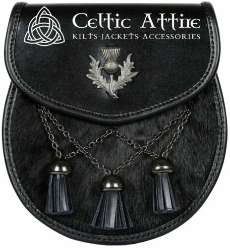 SEMI DRESS Black Leather Sporran - Thistle Emblem - Cross Tassels KILT Sporran