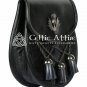 SEMI DRESS Black Leather Sporran - Thistle Emblem - Cross Tassels KILT Sporran
