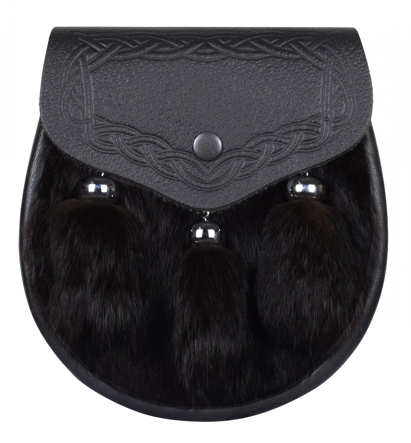 Scottish Semi Dress Black Rabbit Fur Kilt Sporran with Chain Belt.