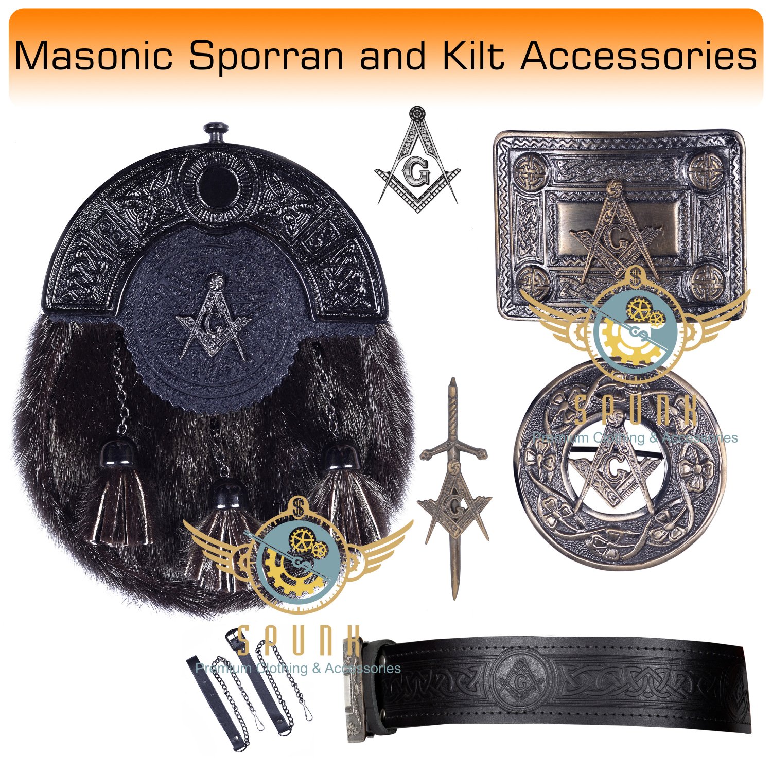 Scottish KILT Masonic Design SPORRAN Seal Skin with Kilt Accessories Belt Size 50