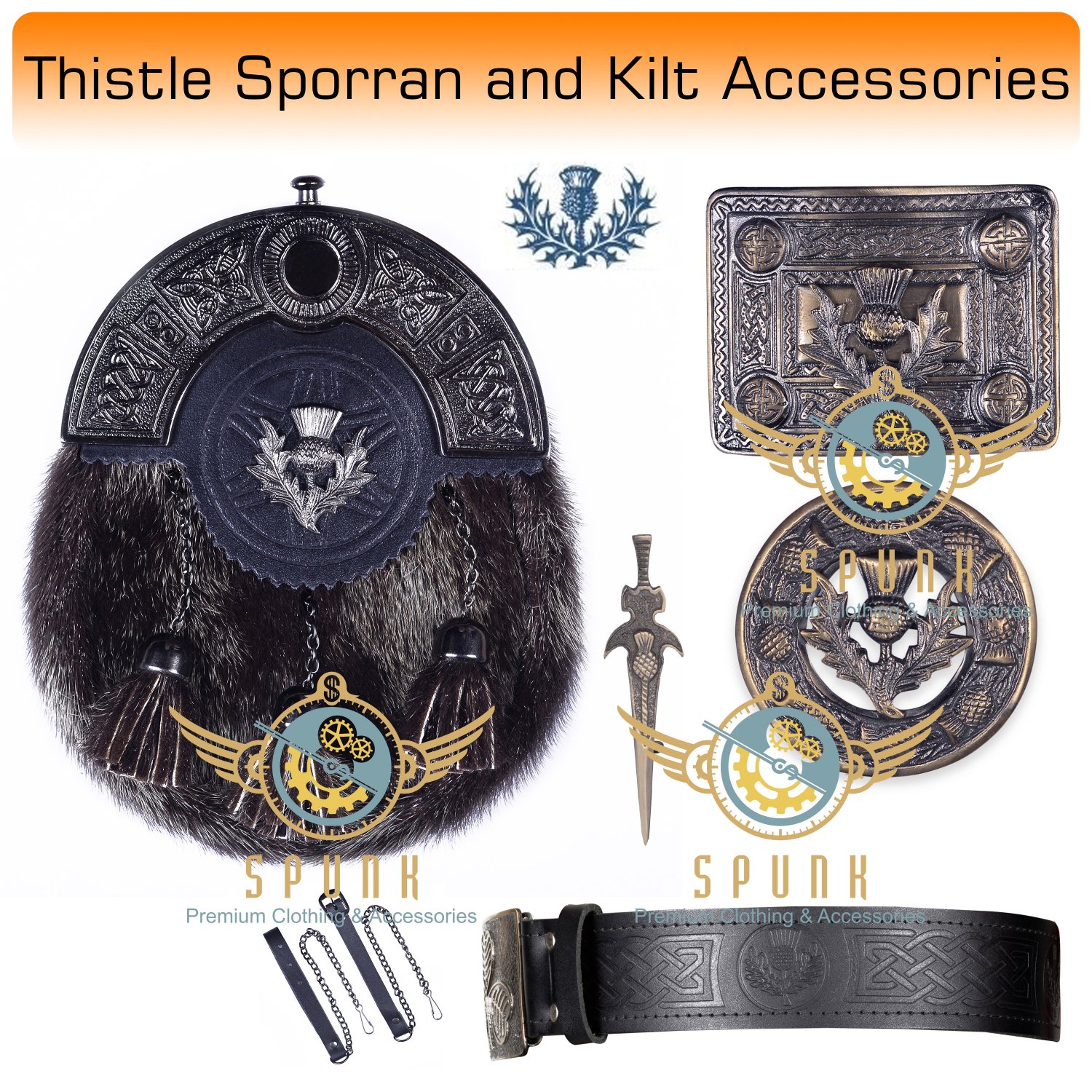 Scottish KILT Thistle Design SPORRAN Seal Skin with Kilt Accessories Belt Size 50