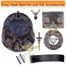 Scottish KILT  Stag Head Design SPORRAN Seal Skin with Kilt Accessories Belt Size 30