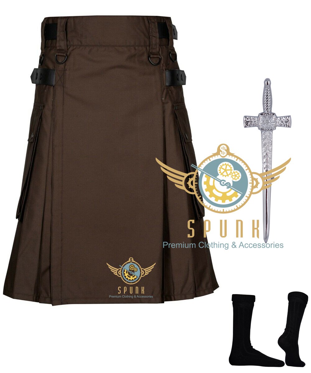Men Scottish Working Two Cargo Pockets Brown Utility KILT Deluxe KILTS 100% Cotton