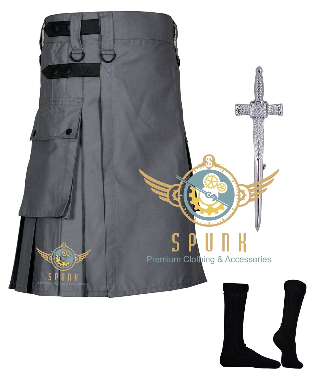 Men Scottish Working Two Cargo Pockets Grey Utility KILT Deluxe KILTS 100% Cotton
