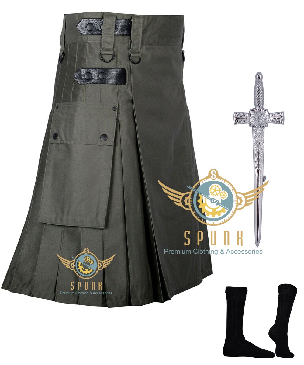 Men Scottish Working Two Cargo Pockets Olive Green Utility KILT Deluxe KILTS 100% Cotton