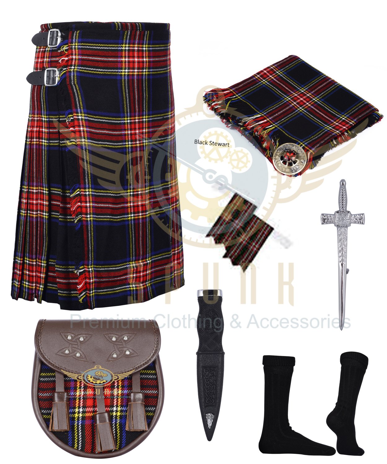 Scottish Black Stewart 8 Yard Kilt Traditional Tartan Kilt For Men Deal Set