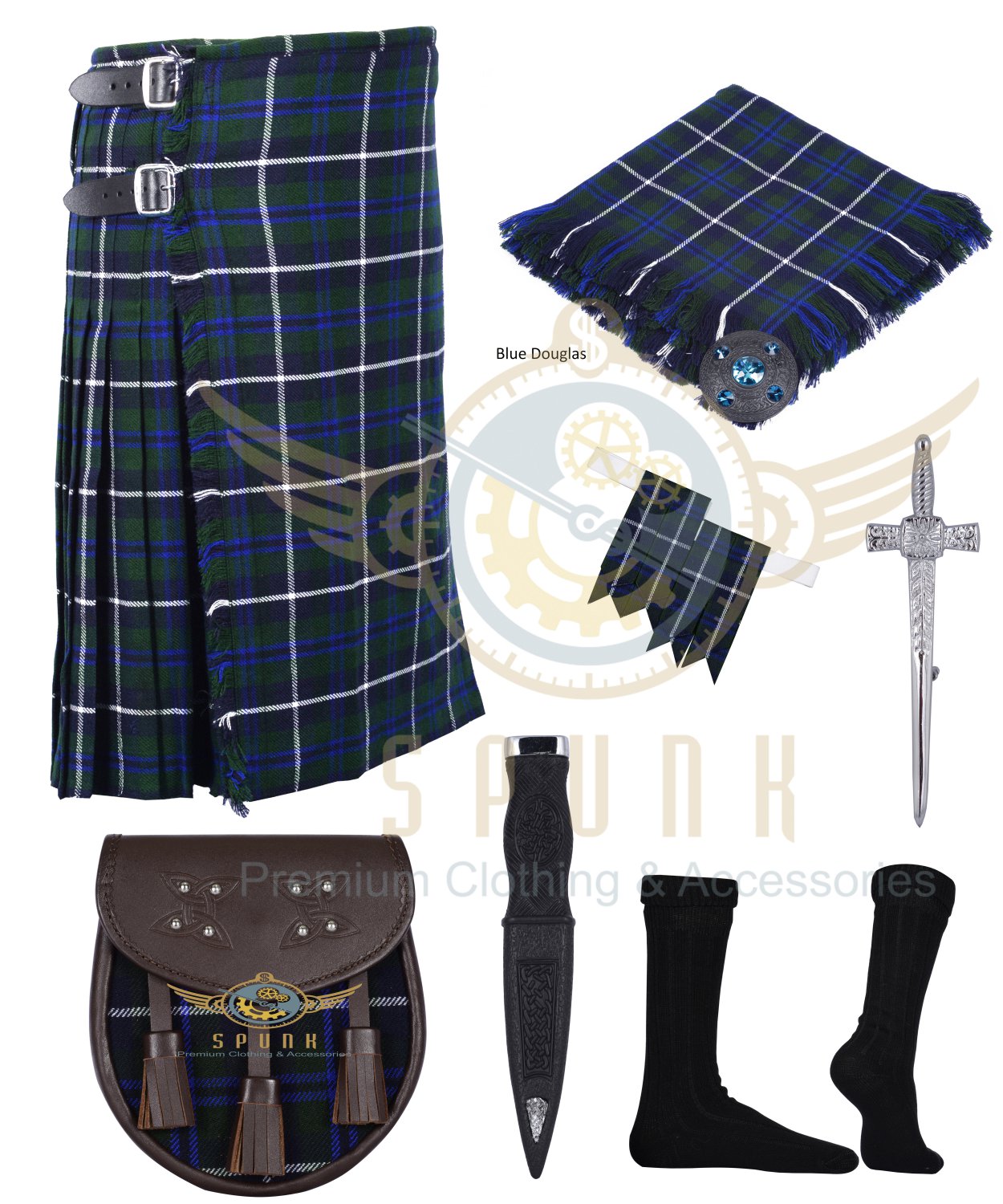 Scottish Blue Douglas 8 Yard Kilt Traditional Douglas Tartan Kilt For ...