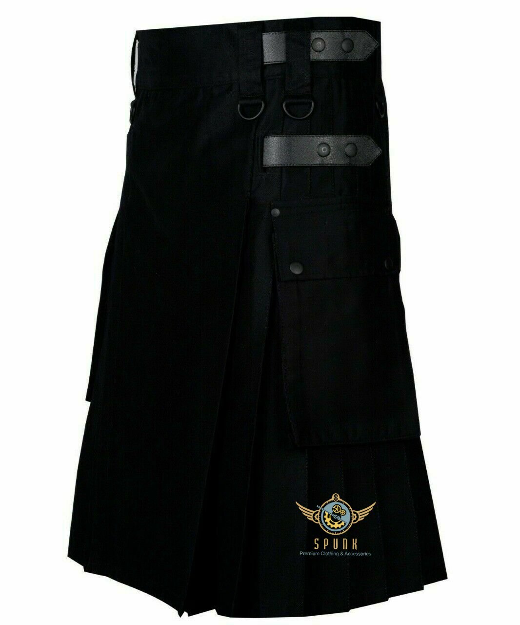 Men's Scottish Utility Kilt - 100% Cotton, Black, Traditional Style With Adjustable Straps, Knee Length