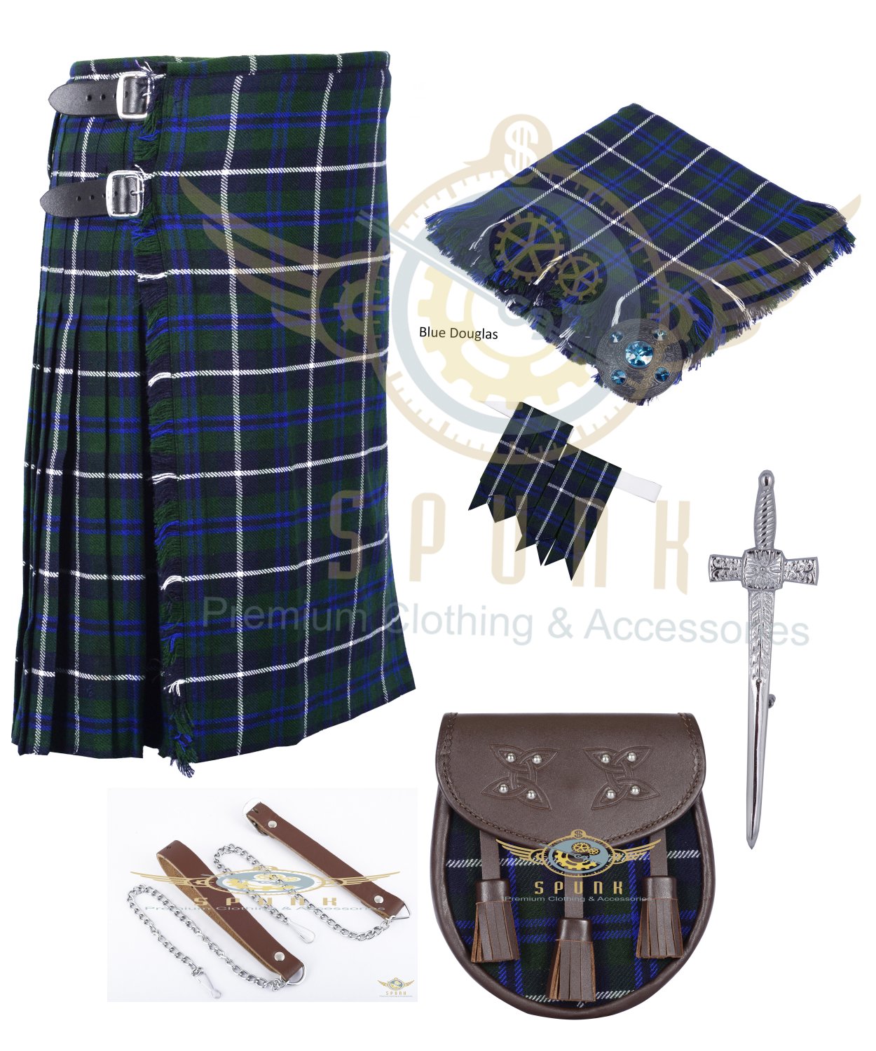Mens Scottish 8 Yard KILT Traditional 8 yard KILT Blue Douglas & Free Accessories
