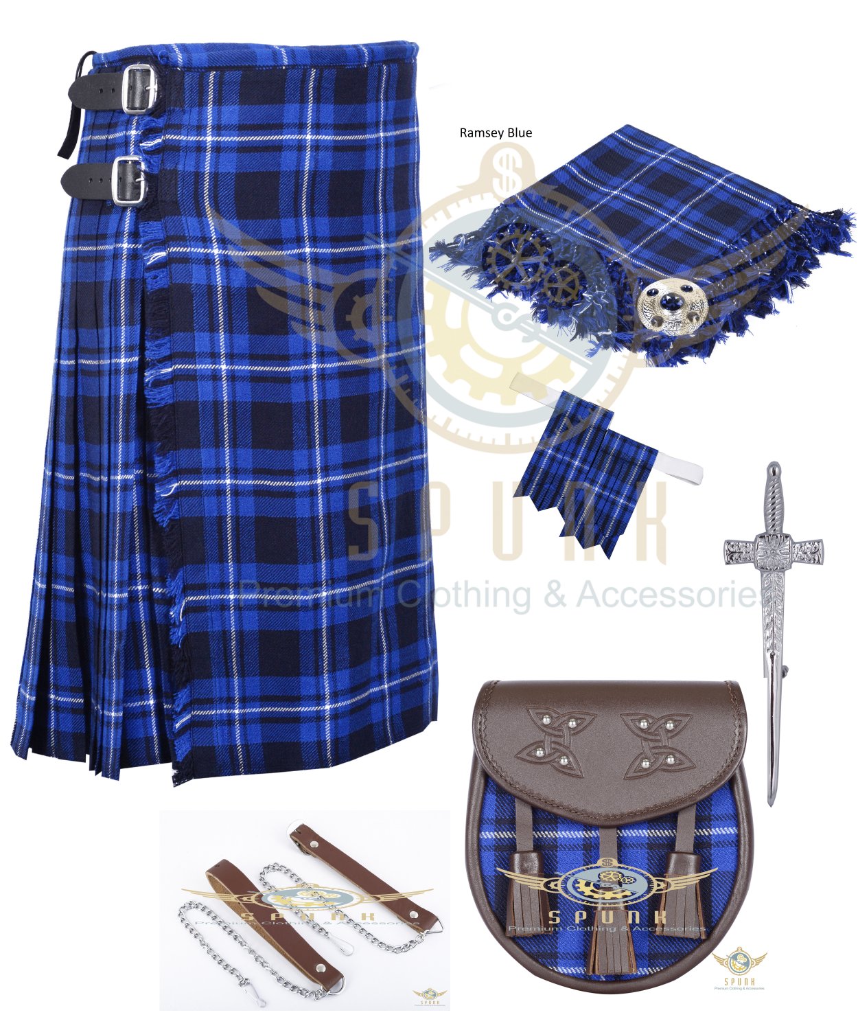 Mens Scottish 8 Yard KILT Traditional 8 yard KILT Ramsey Blue & Free ...