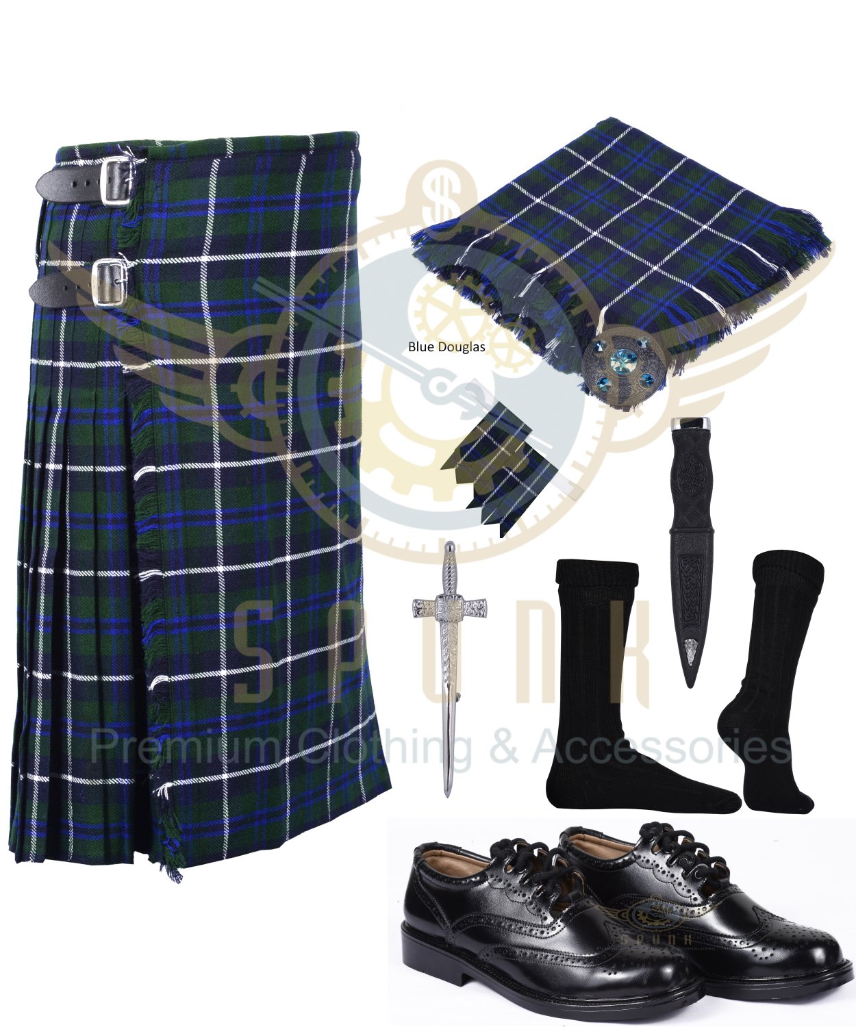 Scottish 8 Yard KILT Men's Blue Douglas Traditional 8 yard KILT & Free ...