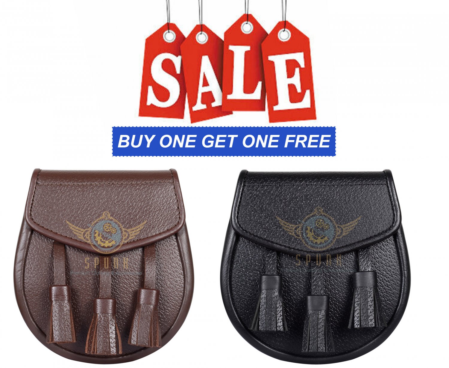 Scottish Brown & Black Leather Kilt Sporran with Chain Belt Buy 1 Get 1 Free