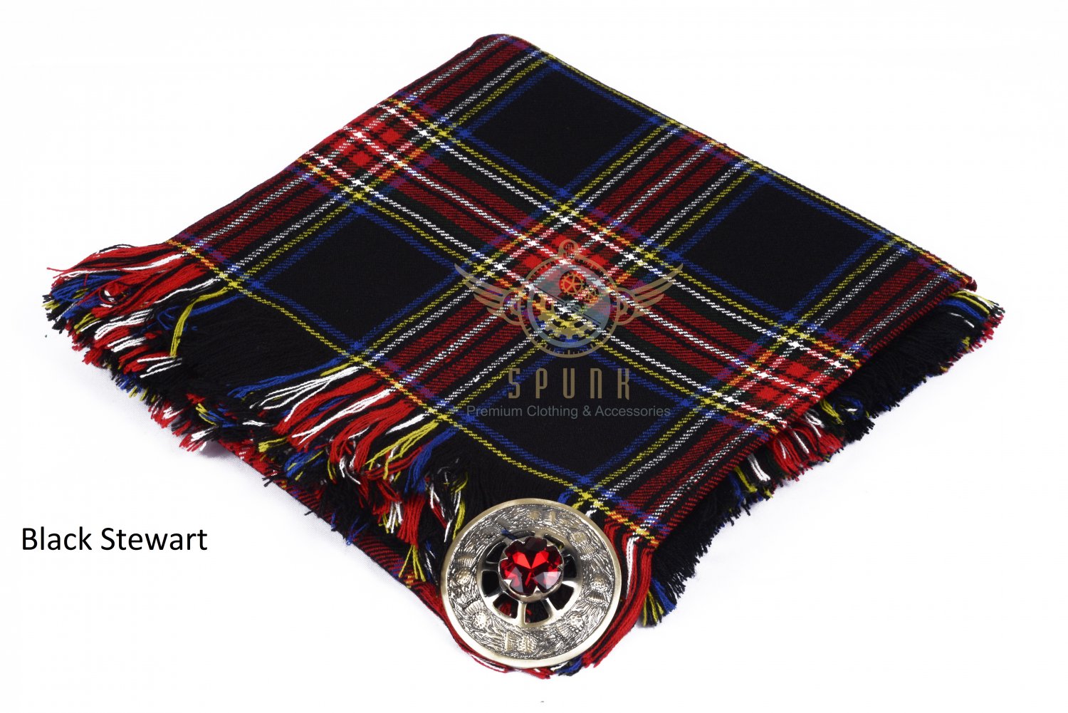 Scottish Traditional Black Stewart Tartan Kilt FLY PLAID & Brooch -Fly plaid Size (48 X 48)