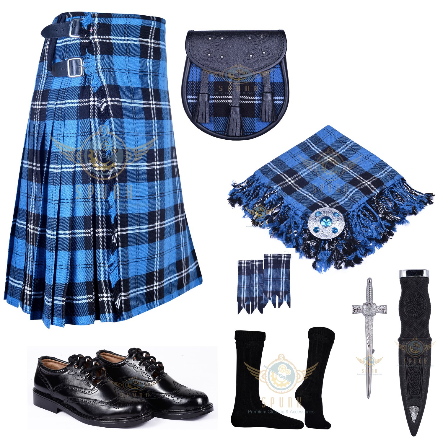 Scottish Traditional Handmade Ramsey Blue Hunting Tartan 8 Yard KILT & Accessories