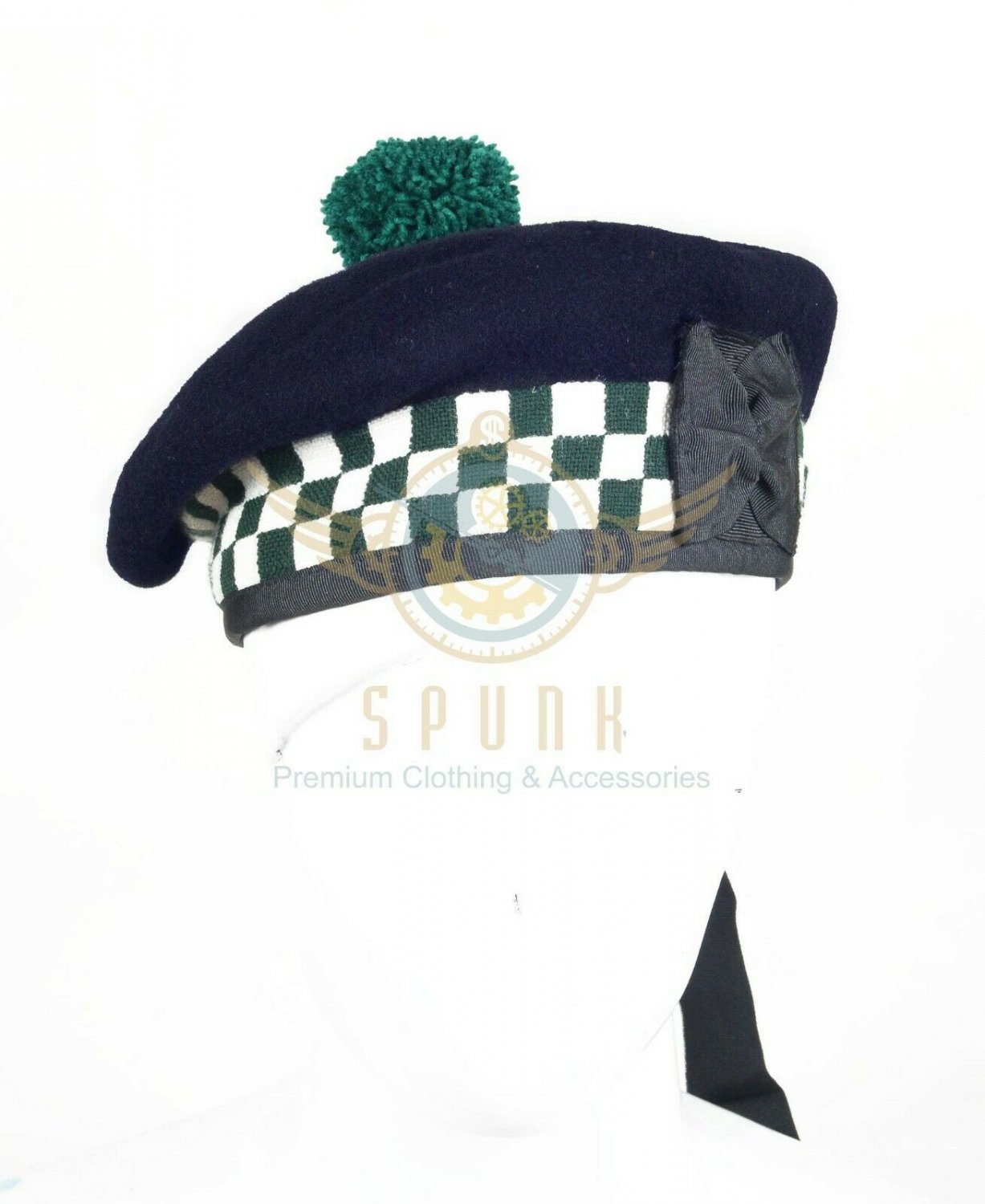 Scottish Military Piper Green White DICED BALMORAL Bonnet Hat/kilt Caps 100% Wool