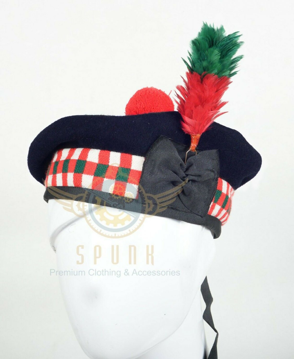 Scottish Military Piper Red Green & White DICED BALMORAL Bonnet Hat/kilt Caps 100% Wool