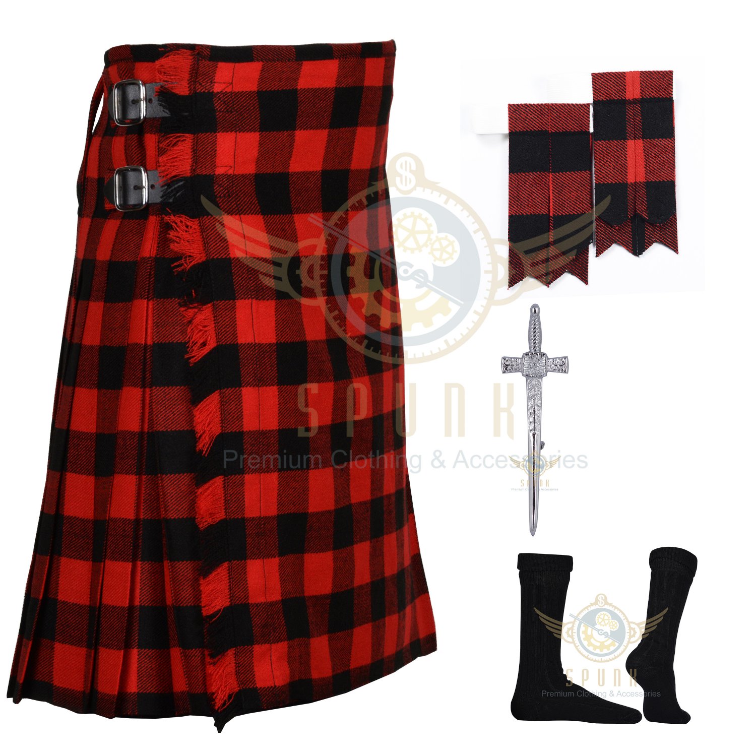 Scottish Red Black Rob Roy 8 Yard Kilt Package With Kilt Pin Flashes Socks