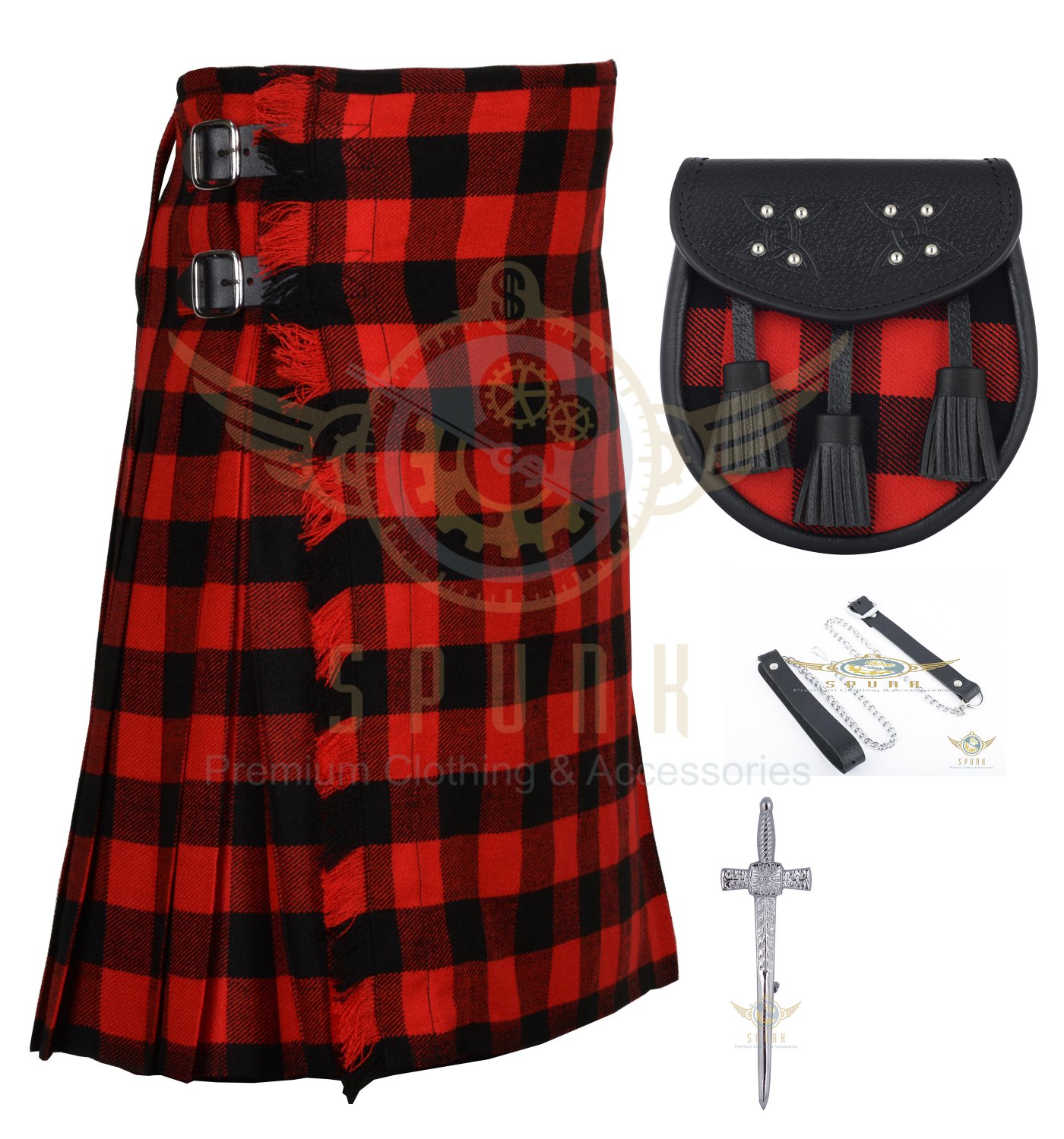 Men's Scottish Red Black Rob Roy 8 yard Kilt with free Sporran - kilt pin