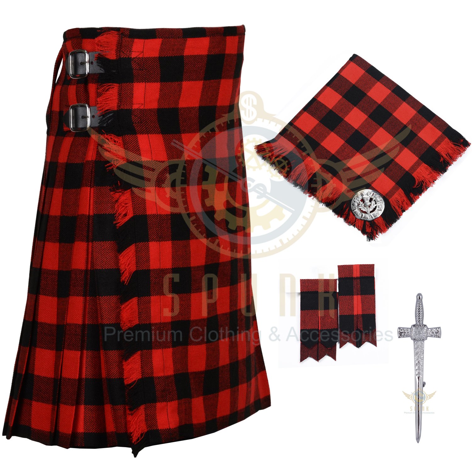 Scottish Red Black Rob Roy 8 yard Kilt For Men's - Free Accessories