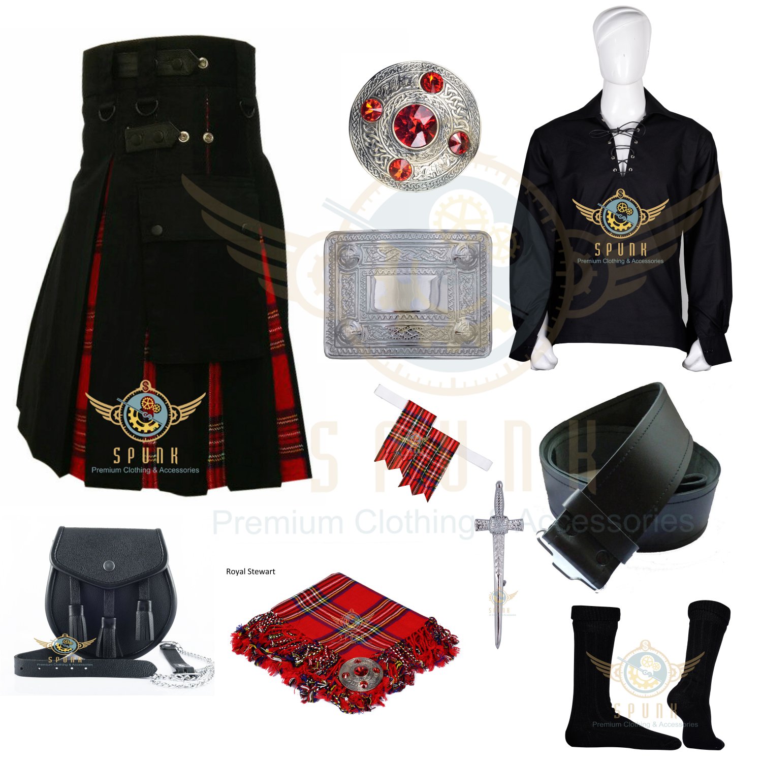 Men's Scottish Royal Stewart Hybrid Utility Kilt Cotton & Tartan Kilt package