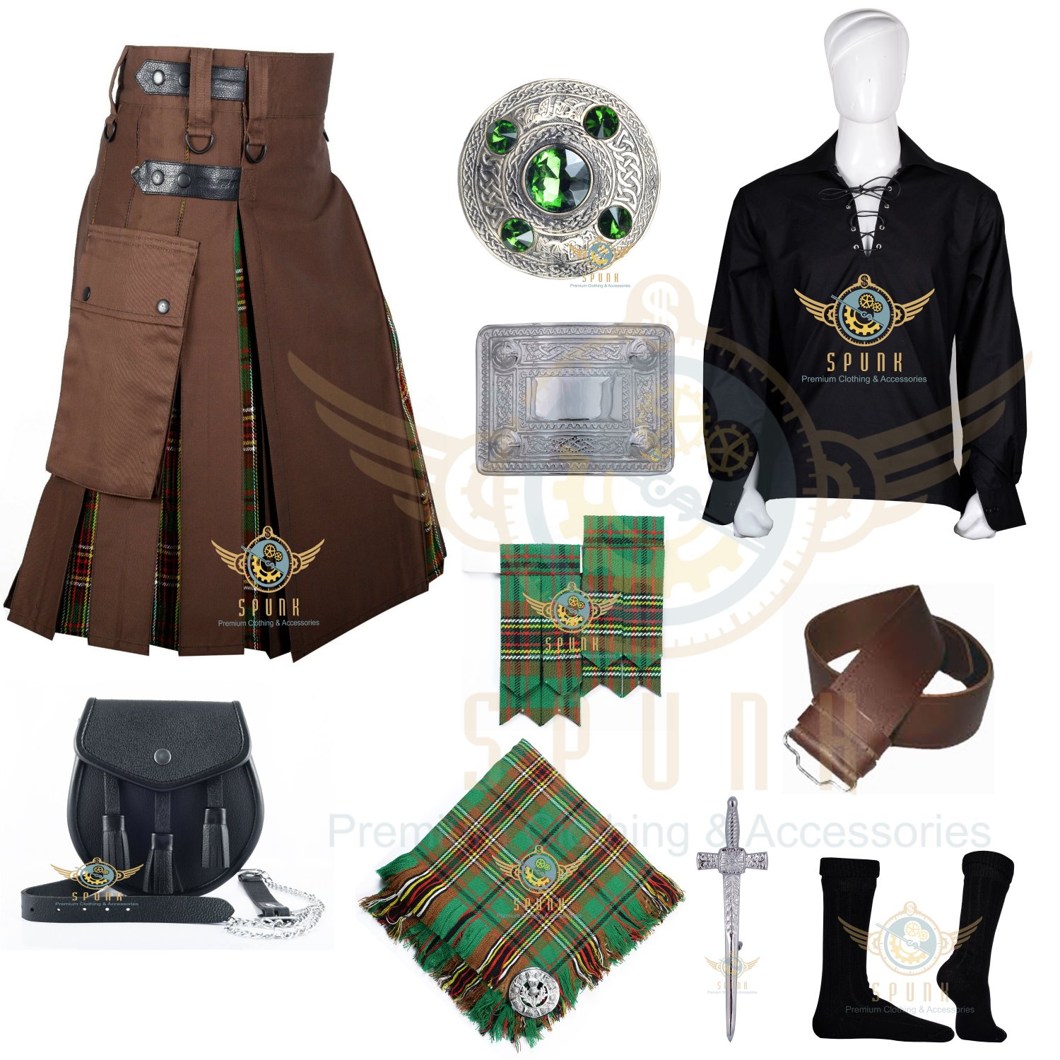 Chocolate Brown Cotton With Tara Murphy Tartan Hybrid utility kilt For Men's