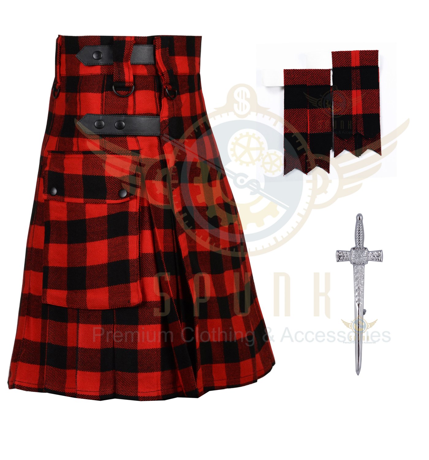 Red & Black Rob Roy Tartan Utility kilt For Men's - 2 Cargo pockets ...