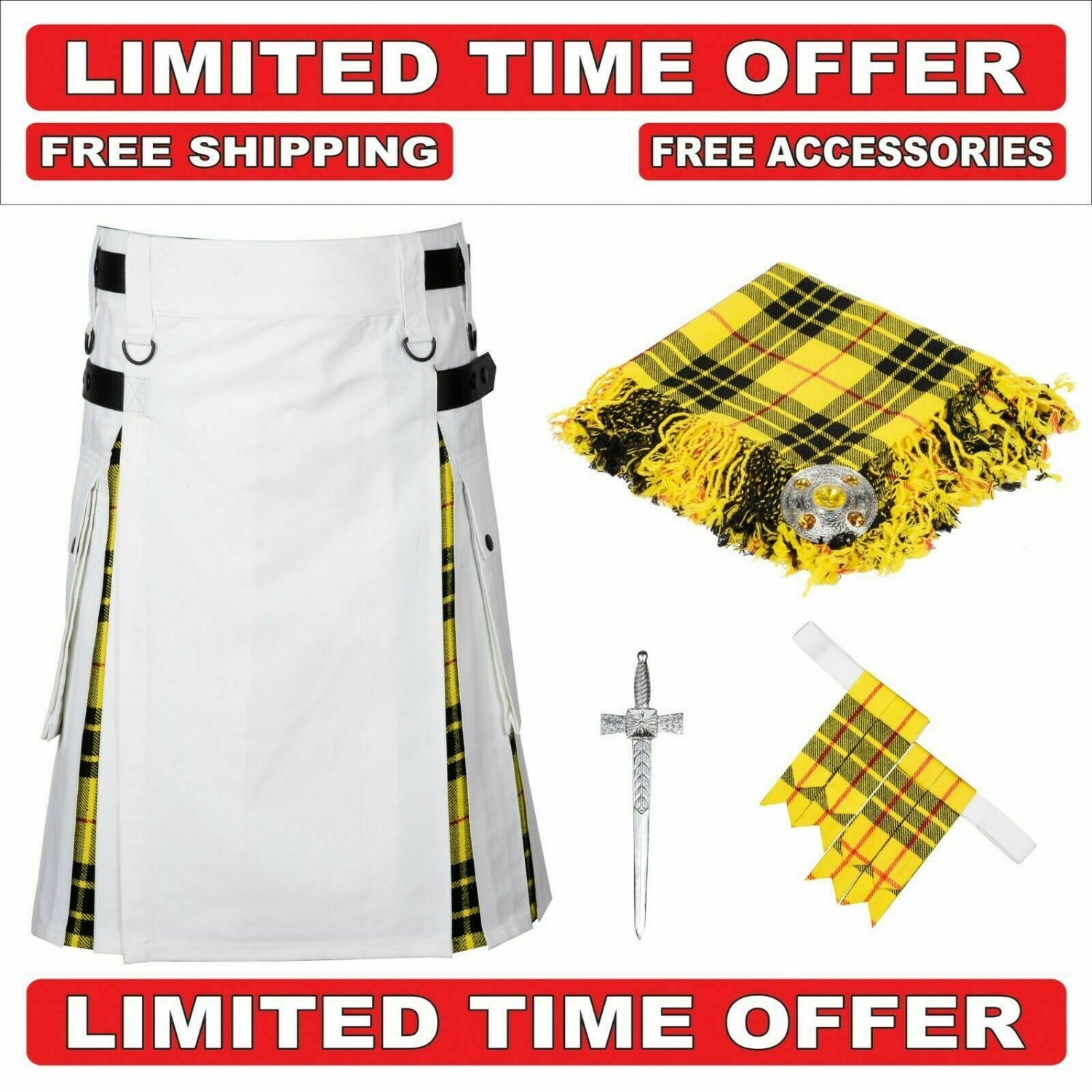 Macleod of Lewis Hybrid utility KILT- White Cotton & Tartan Utility Kilt Package Waist 38