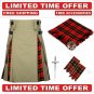 Men's Scottish Wallace Hybrid utility KILT- Khaki Cotton & Tartan Utility Kilt Package